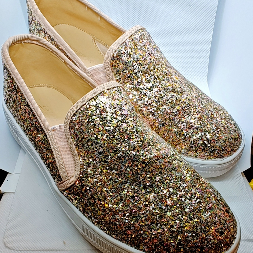 Rose Gold Slip-On Sneakers Casual Bling Glitter Size 8 WIDER WIDTH